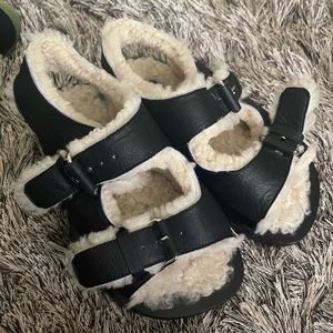 Celine Hiker Double Band Sandals Black and Shearling